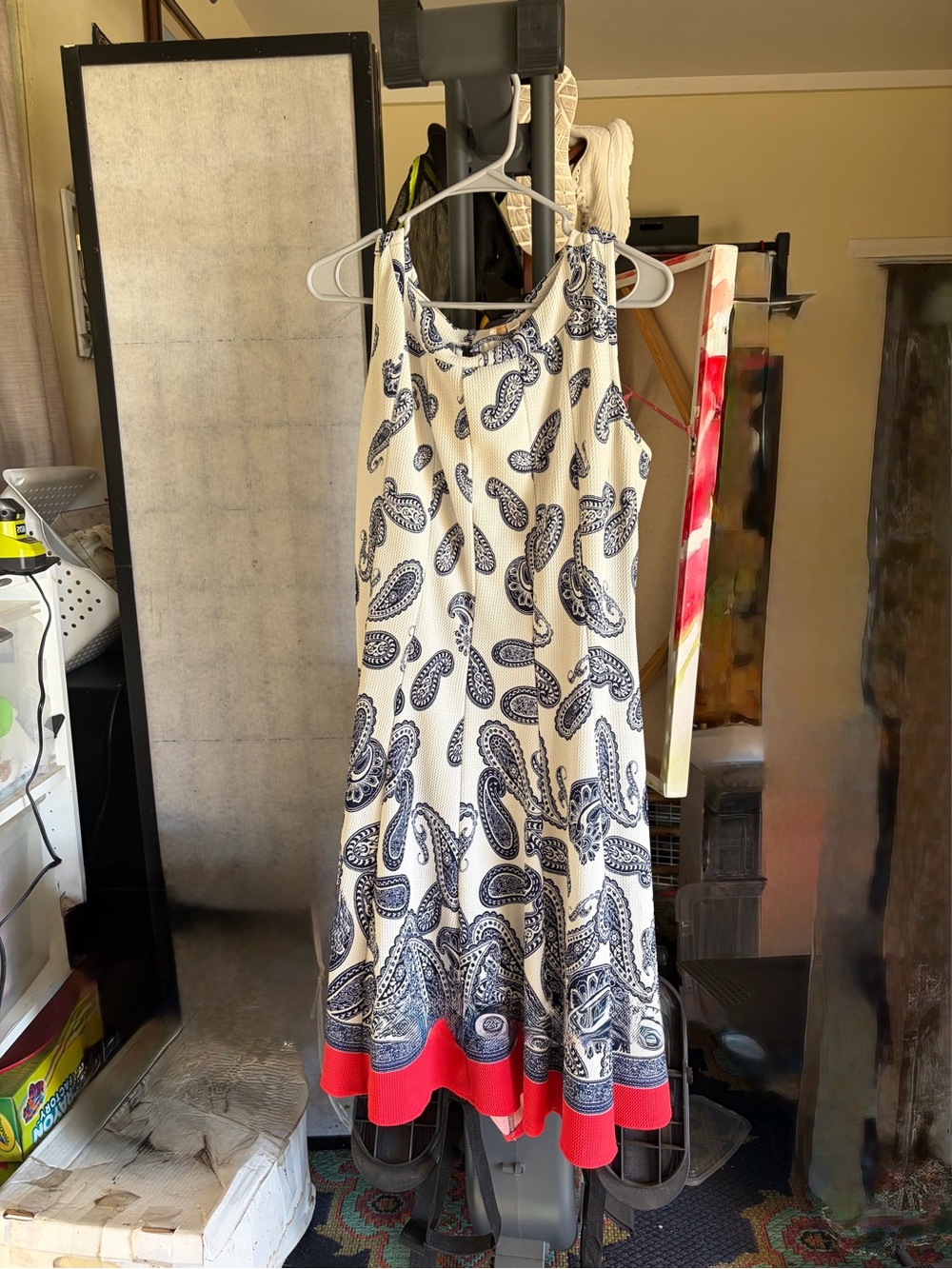 Sleeveless White Paisley Midi Dress with Coral Hem